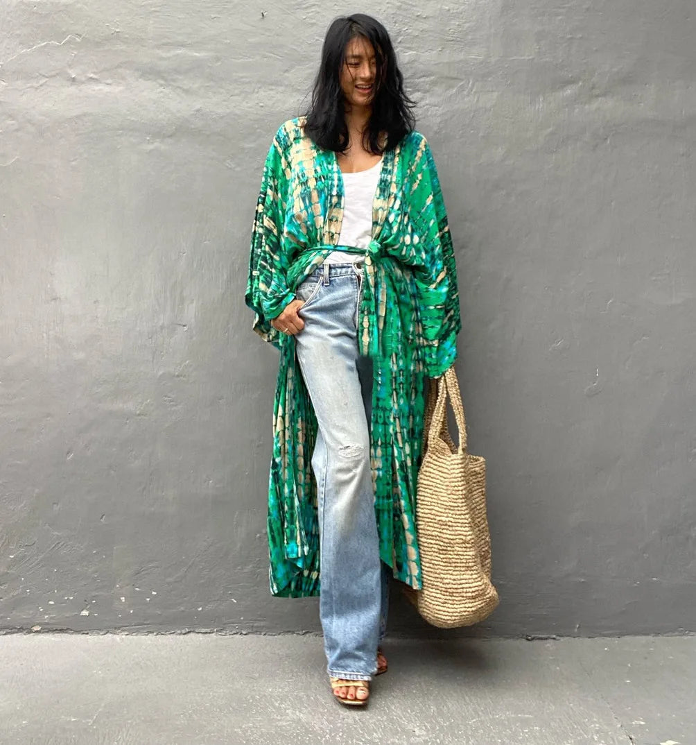 Women's Boho Stripe Tie Dye Swimsuit Cover Up with Belt Tunic Sarong Cardigan Dress Bikini Cover-ups Beach Wear Kimono