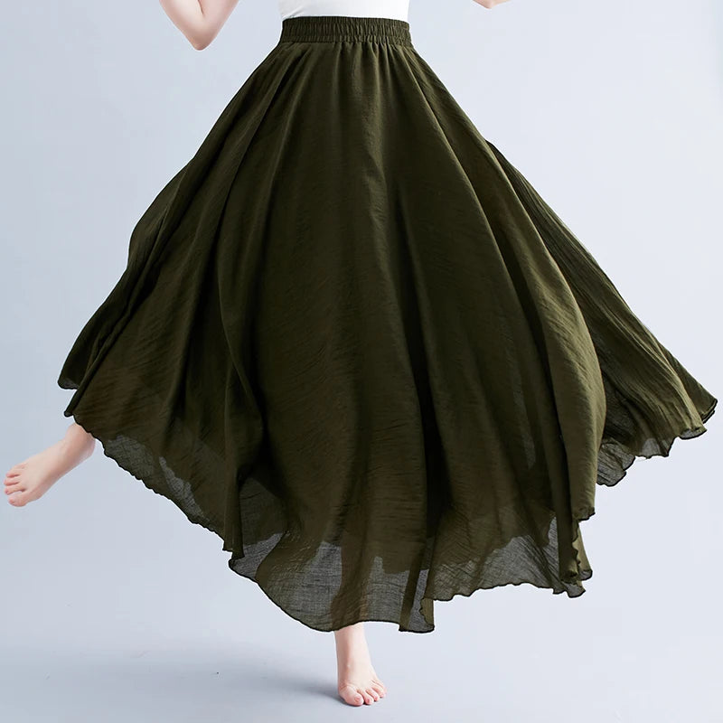 Boho Cotton Linen Beach Long Skirt Women Vintage Casual Solid A-line High Waist Dance Floor-Length Maxi Skirt Spring Summer New