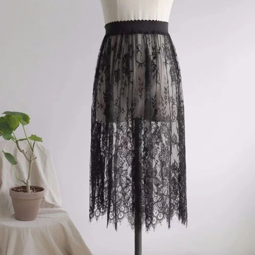 2 Length Elegant Black Skirt White Lace Transparent Long Tulle Skirt Ladies Elastic High Waist Beach Midi Skirt