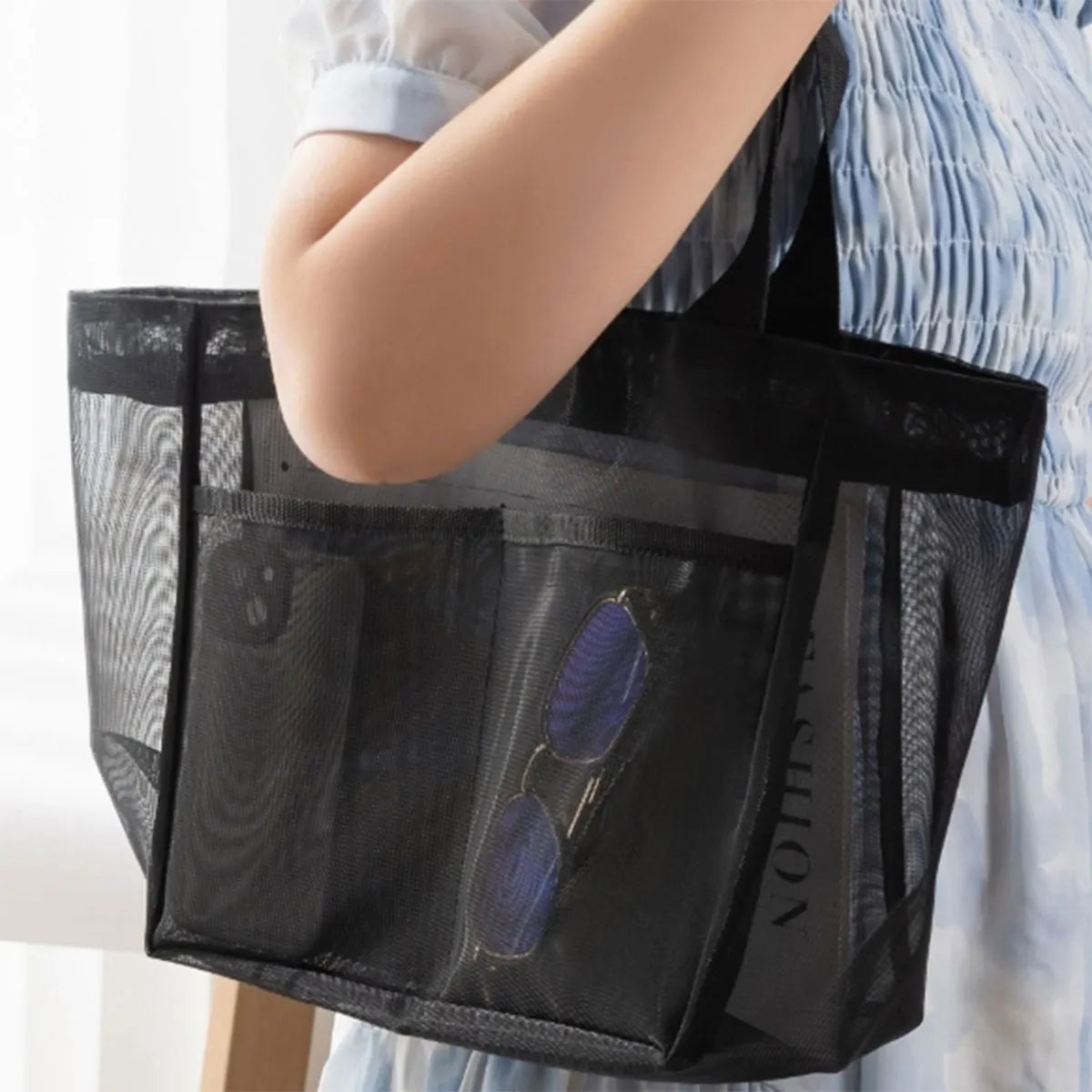 Solid Color Gauze Handbag Transparent Storage Bag Shoulder Bag Beach Bag Large Capacity Mall Transparent Net Shopping Bag 1 PC