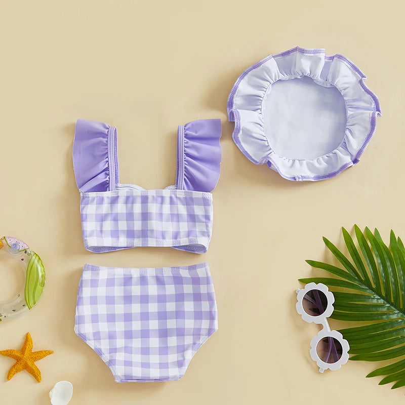 0-3T Toddler Girl Bikini Set Swimsuit Plaid Print Flutter Sleeves Tank Tops with Shorts and Hat Bathing Suit 3 Pcs Beachwear