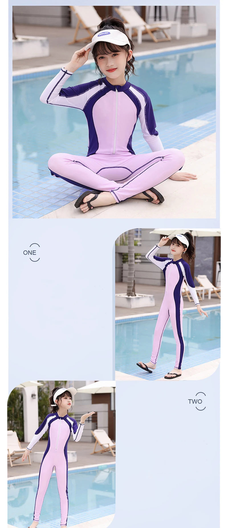 One Piece Girls Swimwear Full Cover Long Sleeve Swimsuit Kids Sun Protection Swimming Suit Teenage Korean Style Bathing Suit