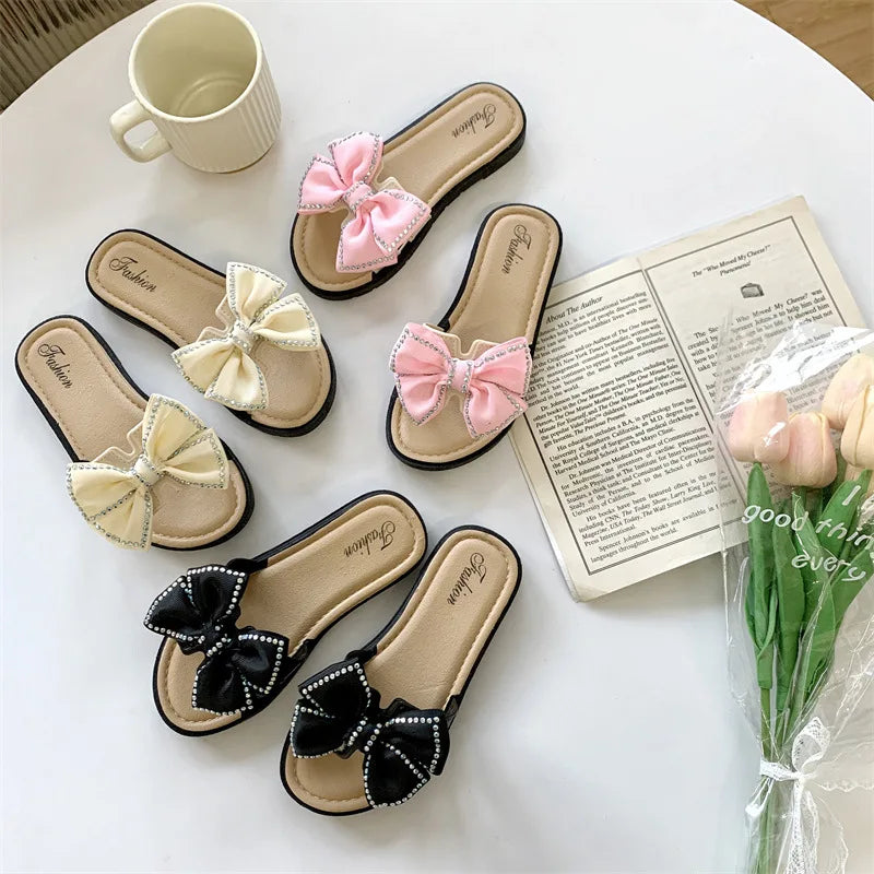 2026 New Bow Flats Open Toe Slide Sandals Non-slip Flip Flops Children Home Slippers Kids Girls Summer Cute Beach Slippers Shoe