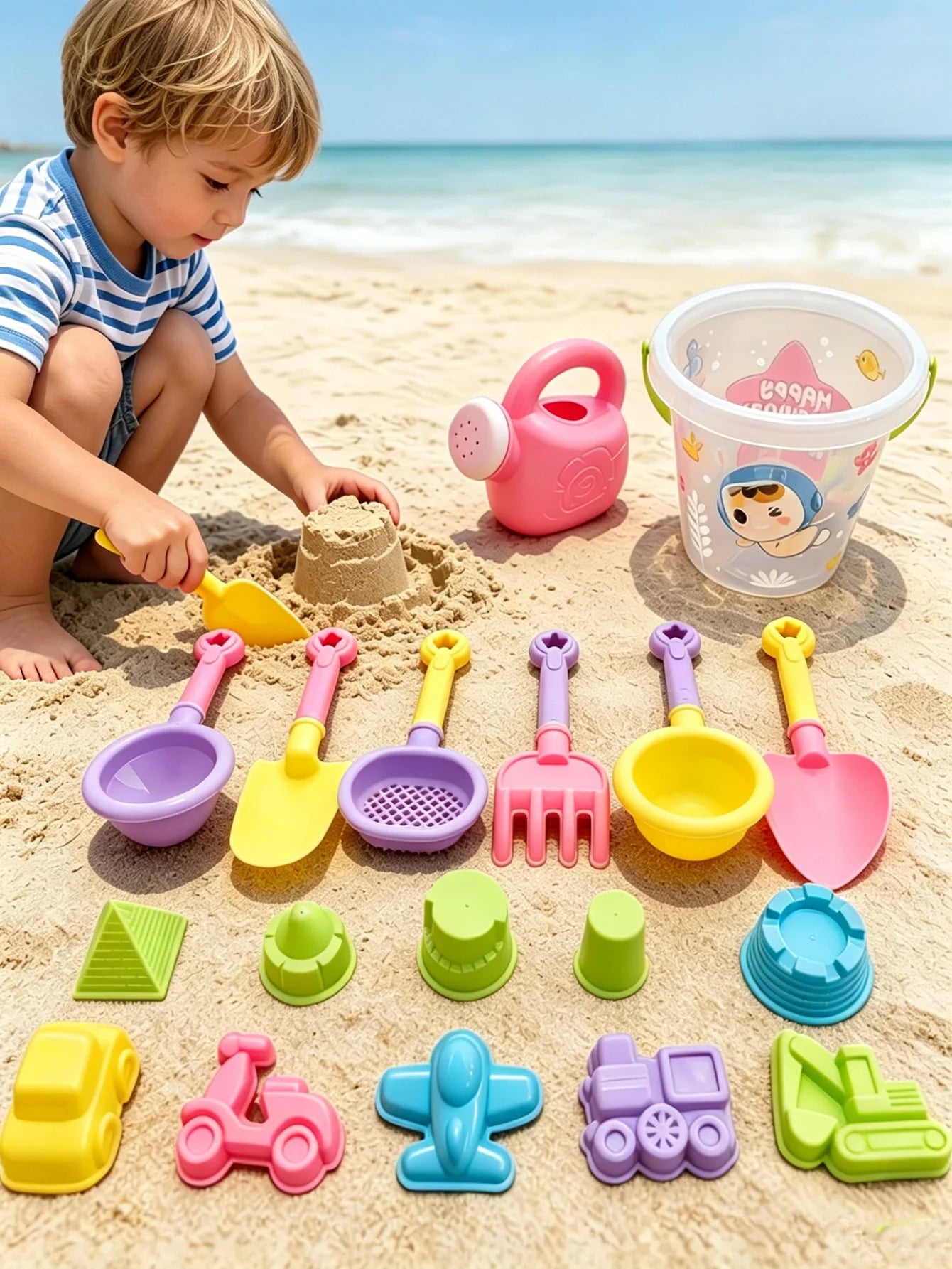 18pcs Beach Toy Set, Children Folding Bucket Summer Sand Pool Beach Game Set, Great Holiday Outdoor Play Tools For Girls Gift