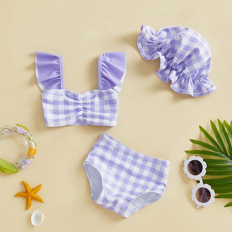0-3T Toddler Girl Bikini Set Swimsuit Plaid Print Flutter Sleeves Tank Tops with Shorts and Hat Bathing Suit 3 Pcs Beachwear