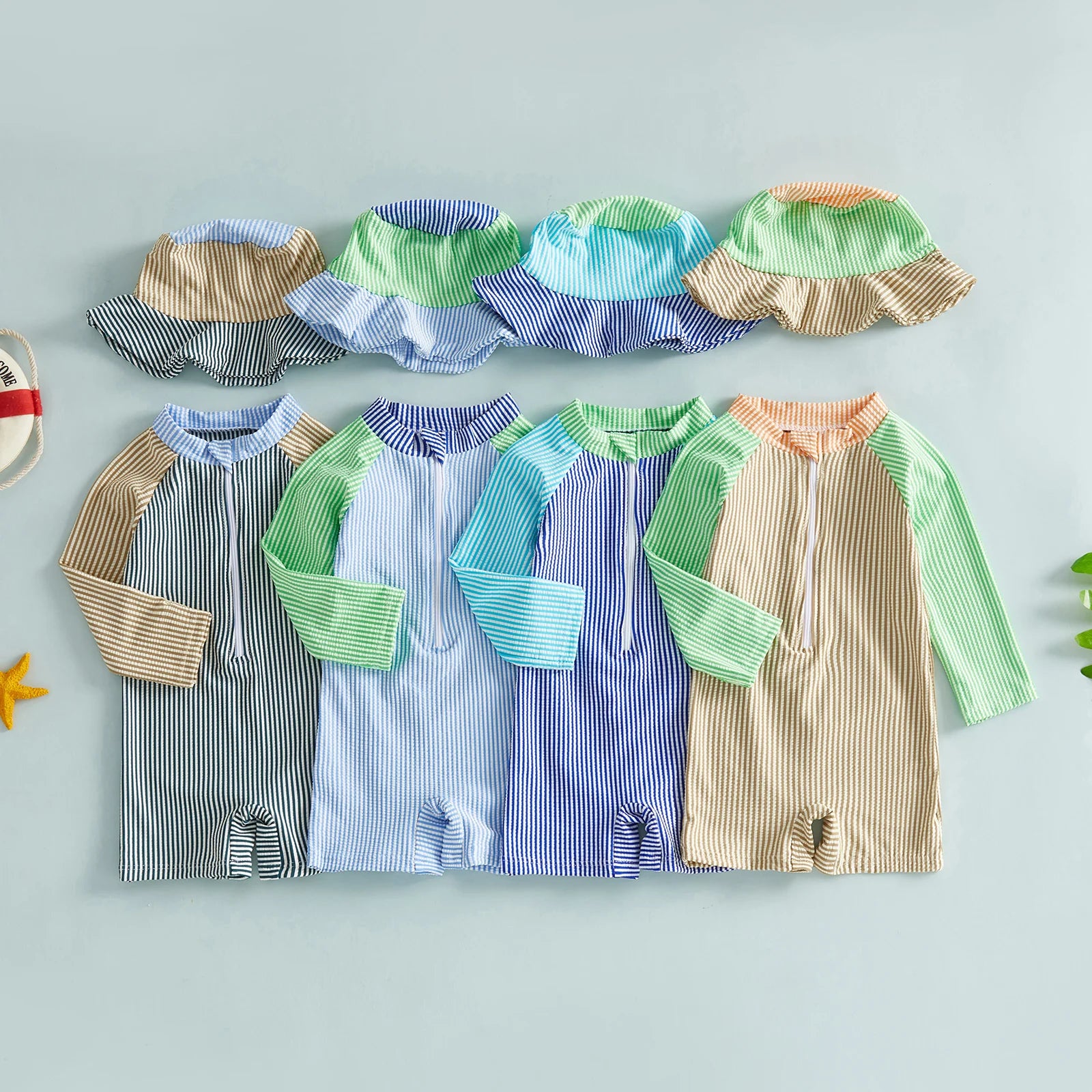 0-24M Newborn Baby Boy Rash Guard Swimsuits Contrast Color Stripes Print Long Sleeve Zip Up Bathing Suit with Sun Cap