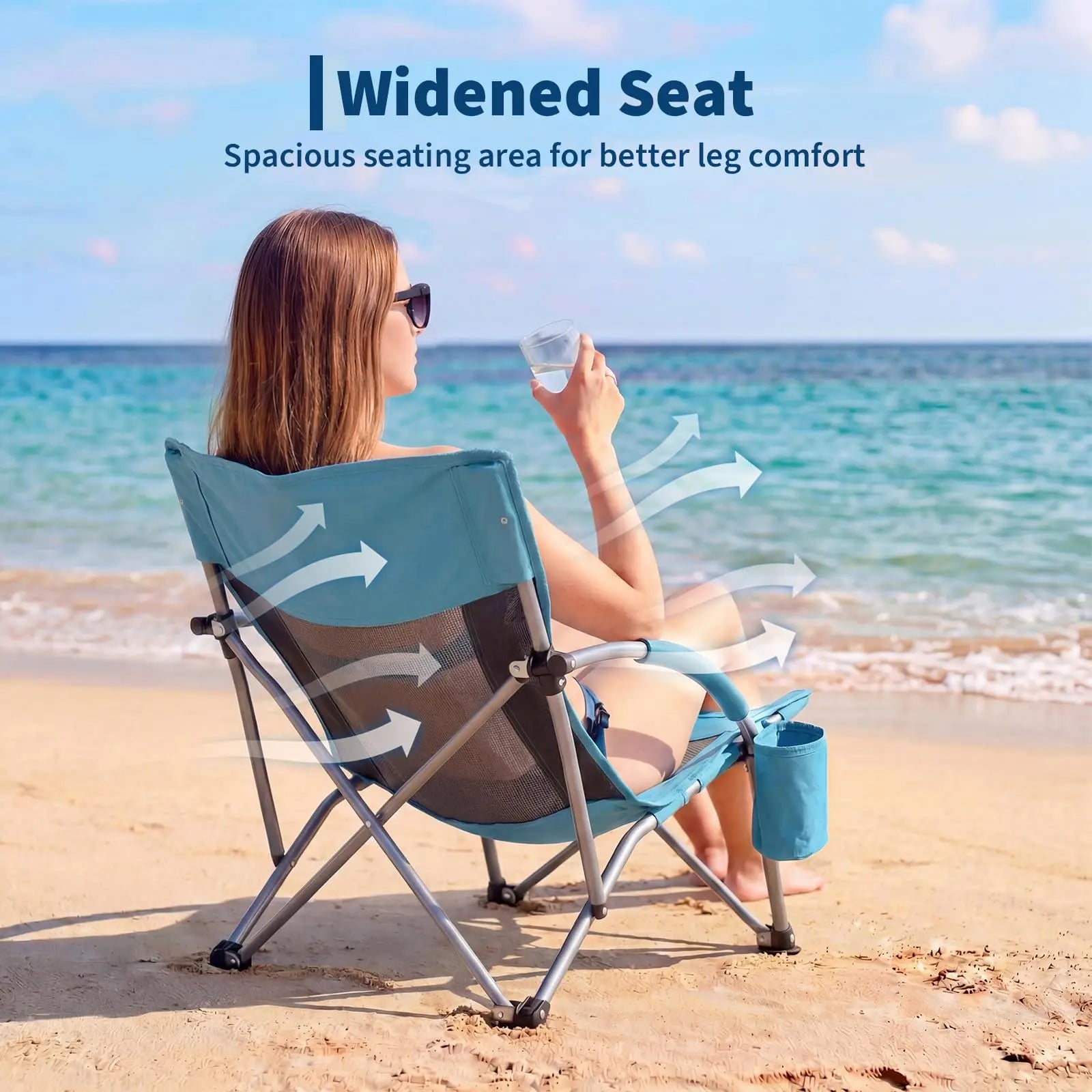 Low Folding Portable Beach Chairs for Extra Wide Seat Chair with Cup Holder Storage Pocket Carry Bag for Camping Beach Travel