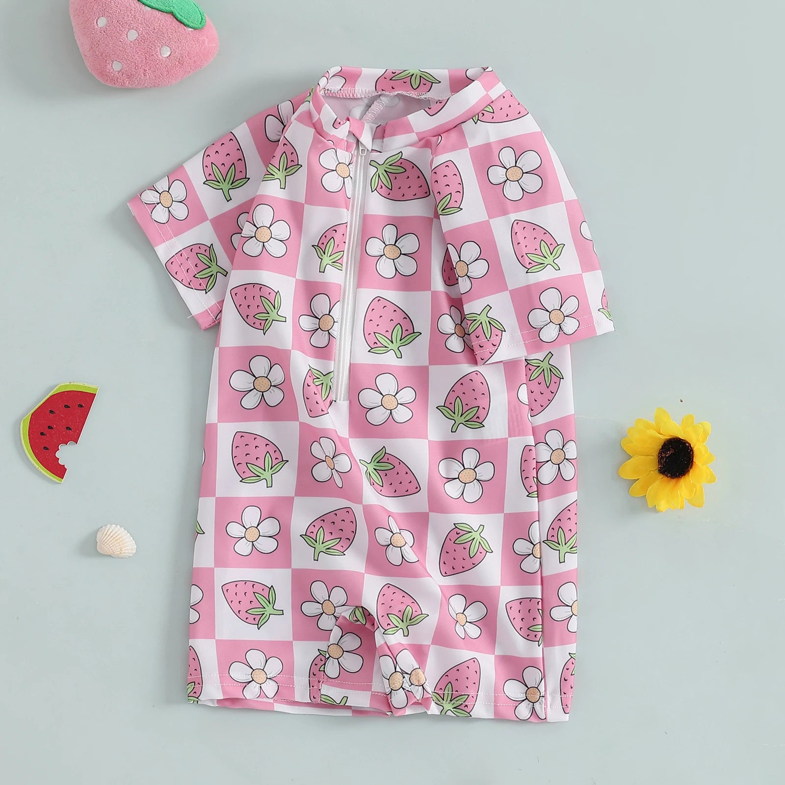 Summer Toddler Baby Girl Short Sleeve Swimwear Bathing Suit Infant Rash Guard Swimsuit Kids Cherry/Bow Print Zipper Beachwear
