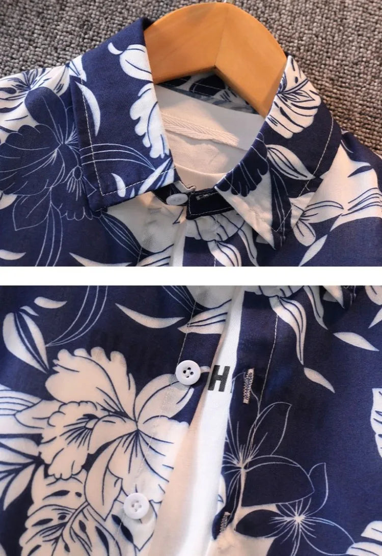 Retro Floral Print Boy's Short Sleeve Shirt Kids Summer Clothing Trendy Stylish Beach Vacation Top for Children Ages 3-10