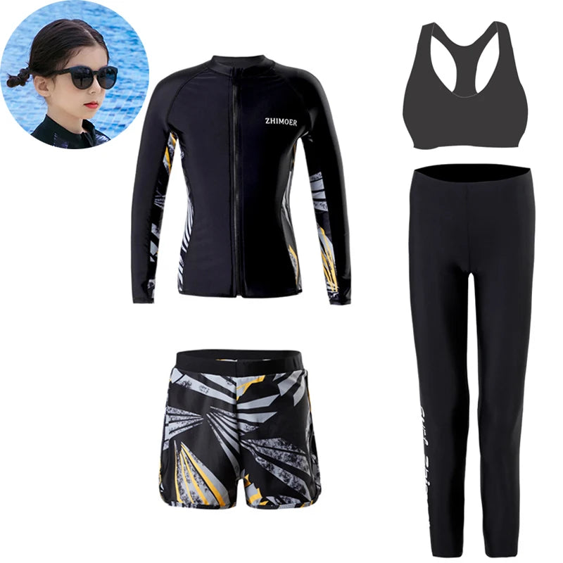 Girls Youth Long Sleeve Swimsuit Four Piece Rash Guard Bathing Suit Zip Tops Long Pants Swimwear Kids Bathing Suit Athletic