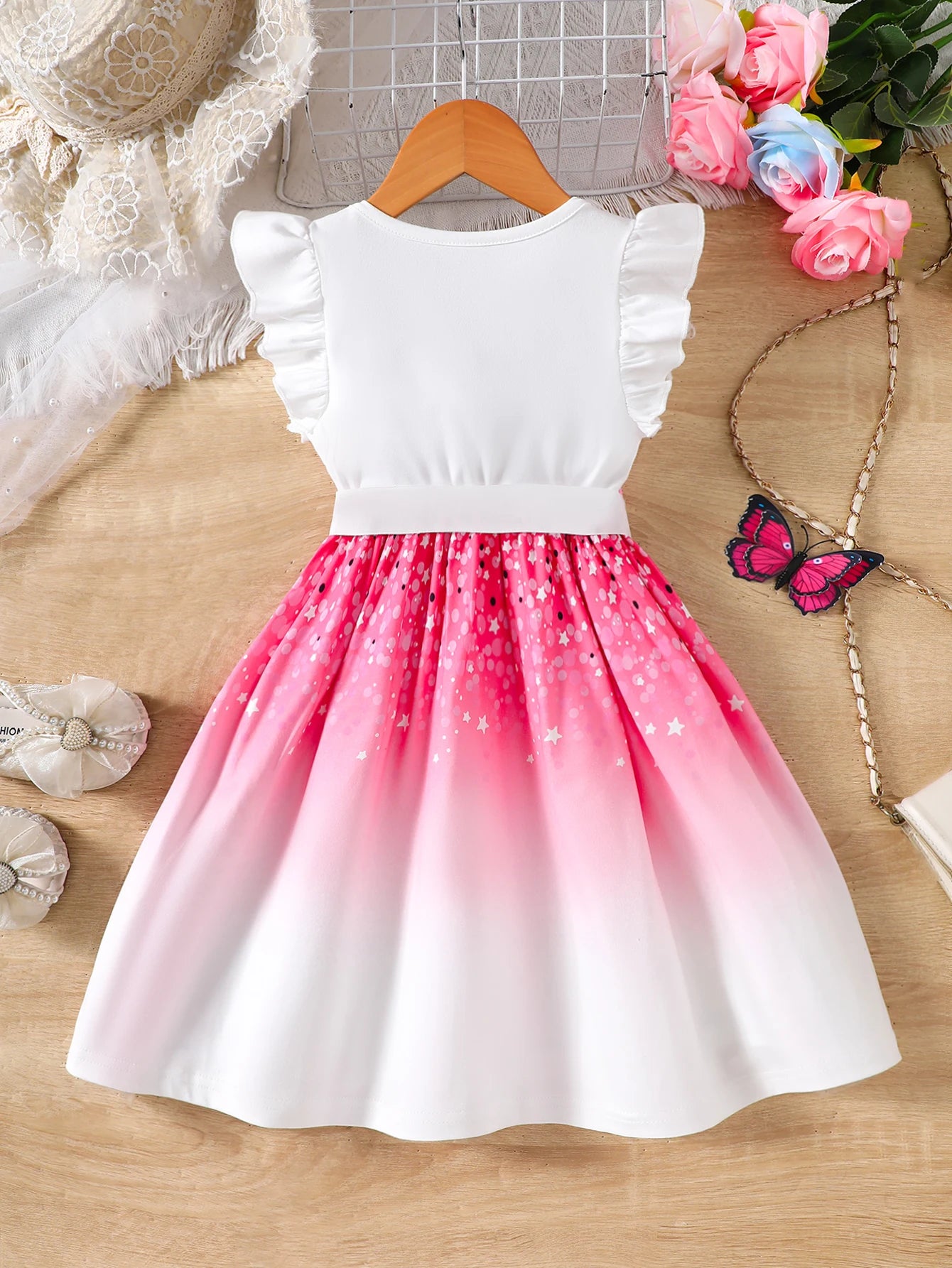 Girls' Spring and Summer Knitted Casual Fashion Round Neck Flutter Sleeve Ruffle Dress with Butterfly Digital Print, Suitable for Holidays, Vacations, Beach, Parties, Gifts