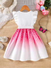 Girls' Spring and Summer Knitted Casual Fashion Round Neck Flutter Sleeve Ruffle Dress with Butterfly Digital Print, Suitable for Holidays, Vacations, Beach, Parties, Gifts