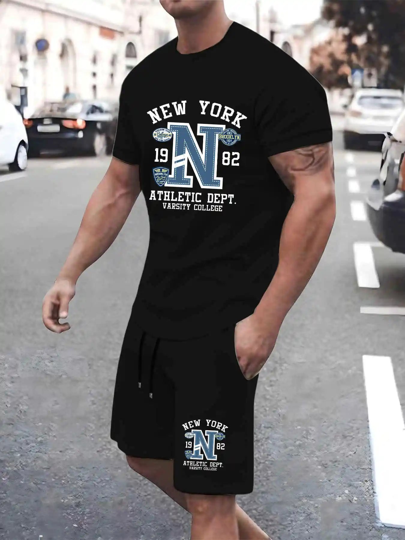 2025 New Summer Mens Set High quality T-shirts Shorts Two-Piece New York Graphic Print Fashion Oversize Clothes Man Sports Suit