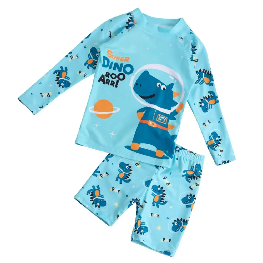 2Pcs Kids Long Sleeve Swimwear Set Boys Girls Cartoon Rash Guard Swimsuit Sun Protection Beachwear for Children Toddlers