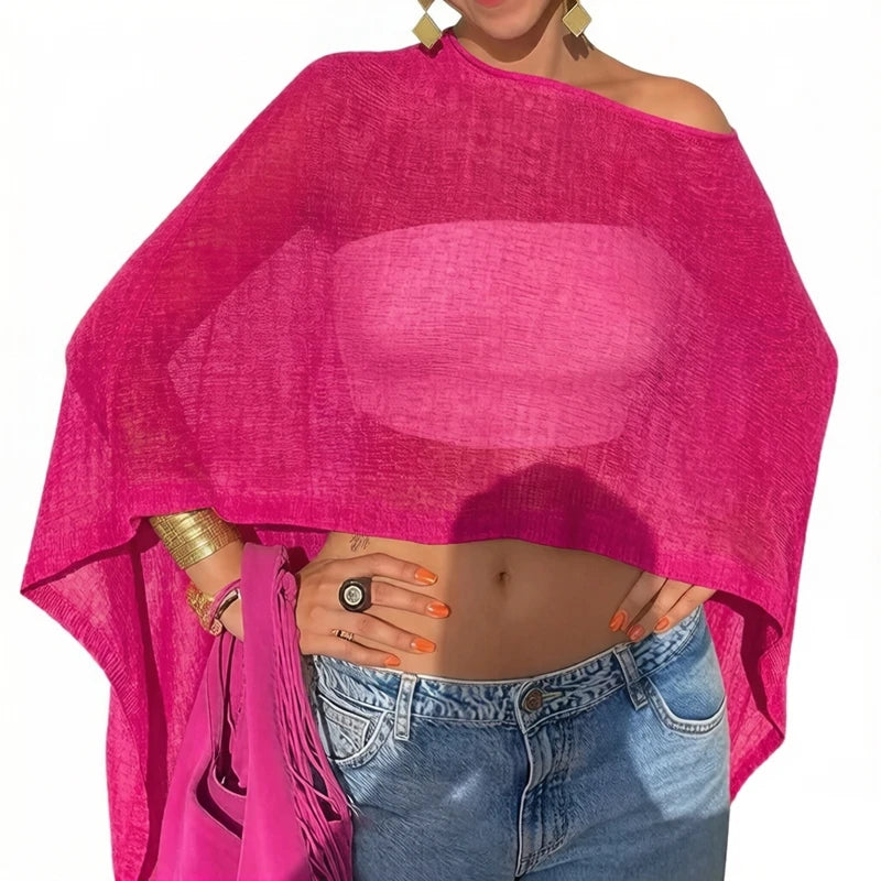 Combhasaki Women Knitwear Bikini Cover-up See-through Solid Off Shoulder Irregular Triangle Hem Loose Pullover Summer Beach Tops