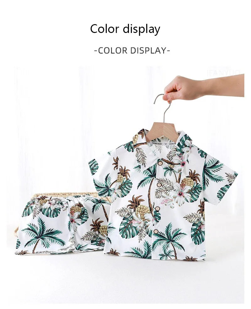 Summer Children Beach Shirt Set Boys Girls Baby Loose Printed Shirts Fashion Vacation Style Kid Short Sleeve+short Pants Outfits