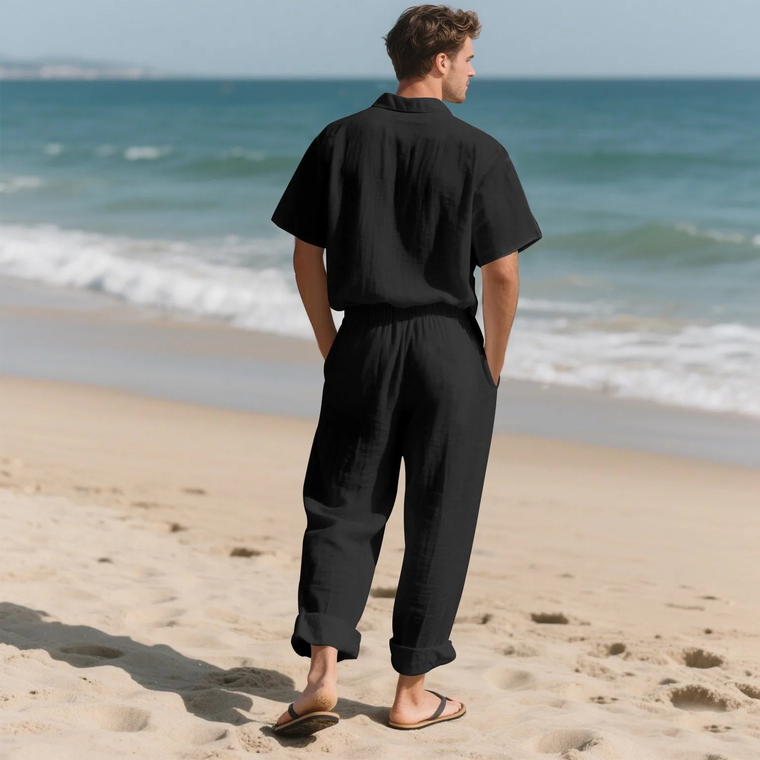 The 2025 Summer Beach Men's linen short-sleeved shirt set is a two-piece long pants set suitable fordaily casual beach vacations