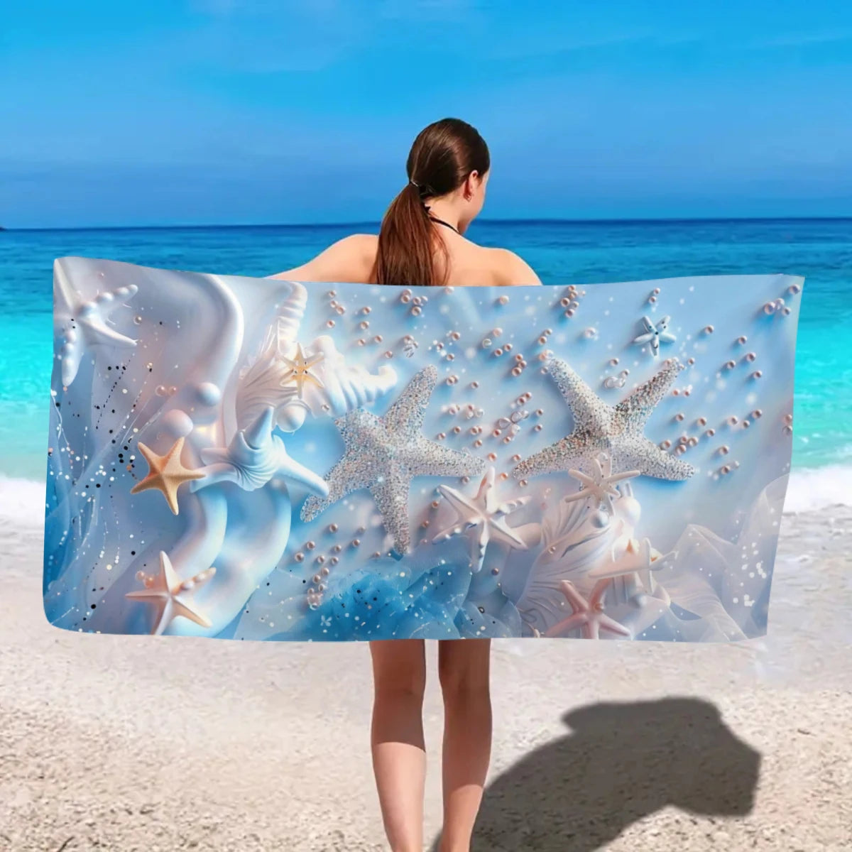 1pc Ocean element beach towel, suitable for outdoor sports, swimming, and fitness center multifunctional beach towel