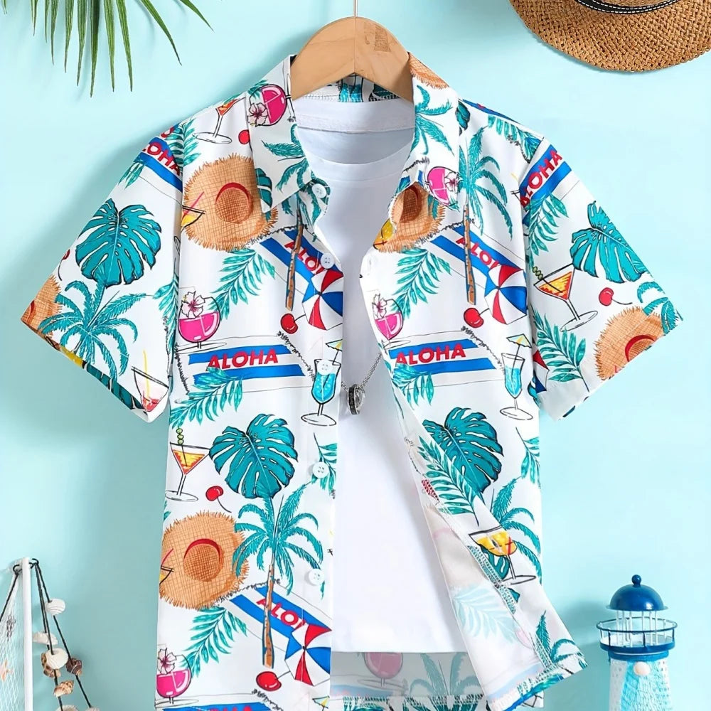 Hawaiian Children's Shirt Coconut Tree Pattern Print Kids's Short Sleeves Shirt Holiday Seaside Tops Outdoor Children's Clothing