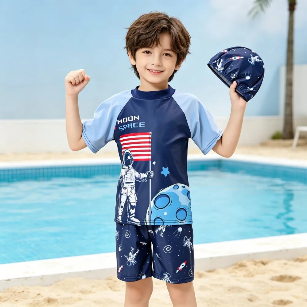 Boys Swimsuits Kids Toddler 3 to 4 5 6 7 8 9 10 11 12 Years Funny Boy Swimwear 3 Piece Short Summer Swimming Suit UV Protection