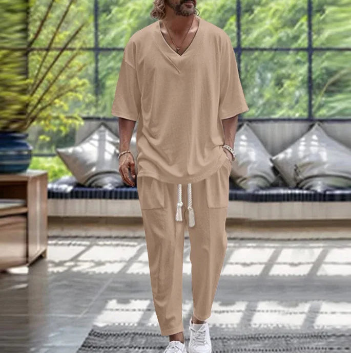 Summer Casual Trousers Set Cotton Linen 2 Piece Men's V-neck Short Sleeve T-shirt and Pants Hawaiian Beach Cotton and linen Set