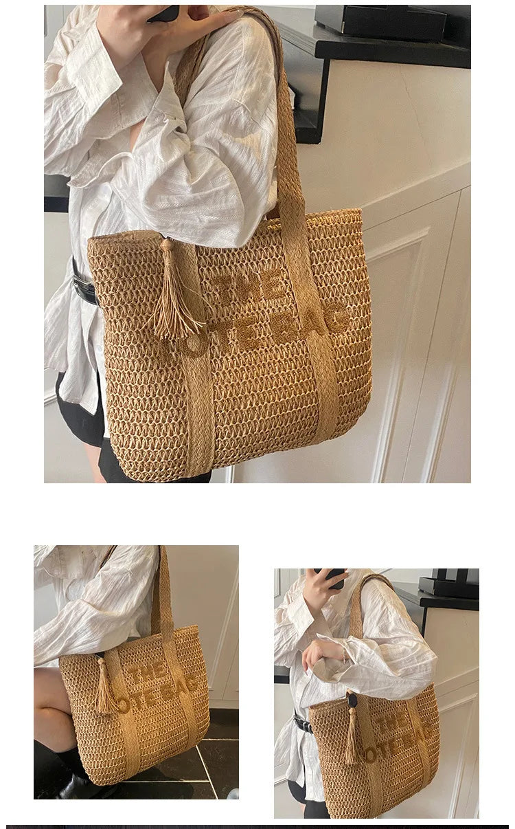 French style large capacity woven straw woven bag for women, new beach vacation shoulder bag, casual commuting tote bag