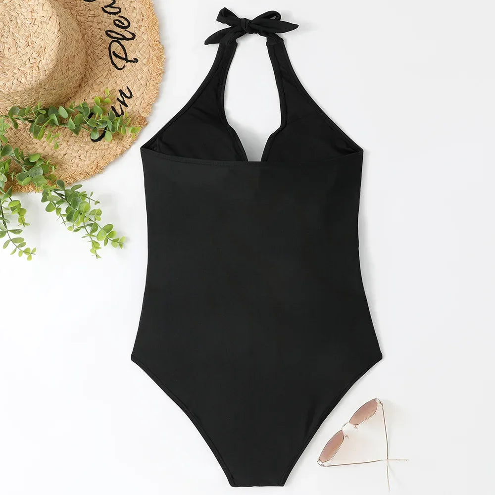 S - XXL Wrinkled Halter V Neck One Piece Swimsuit Women Swimwear Female Monokini Backless Bathing Suit Swim Beachwear Bodysuit