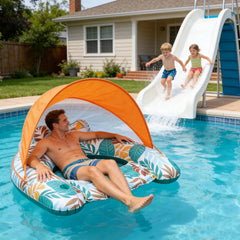 Inflatable Pool Float with Canopy Floating Lounge Chair Ergonomic Headrest Water Hammock for Summer Beach Vacation Relaxation