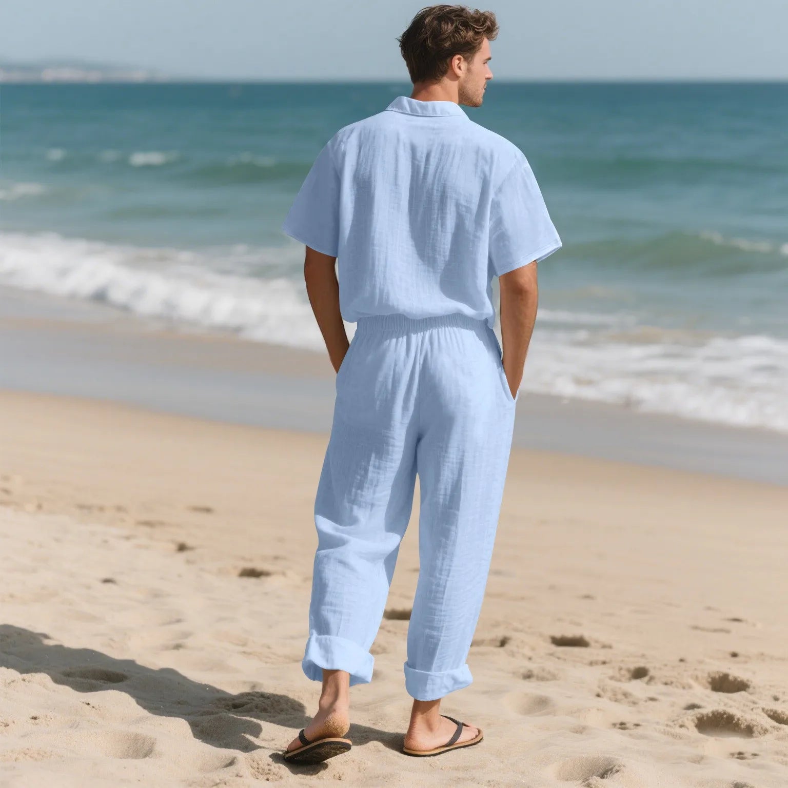 The 2025 Summer Beach Men's linen short-sleeved shirt set is a two-piece long pants set suitable fordaily casual beach vacations