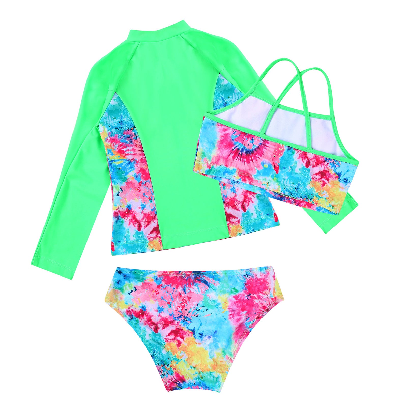 Kids Girls 4PCS Printed Swimsuit Long Sleeve Outerwear with Sleeveless Crop Top Briefs Shorts Bathing Suit Rash Guard Swimwear