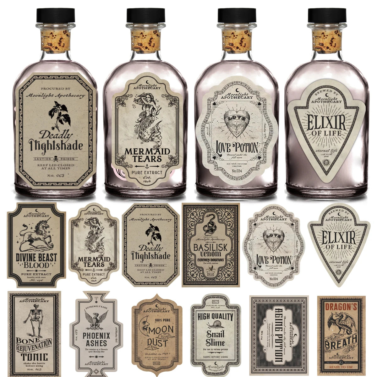 12pcs Retro Fantasy Potion Theme Halloween Bottle Label Stickers,Paper Decals For Magic Potion Wine Glasses,Party Bar Decoration