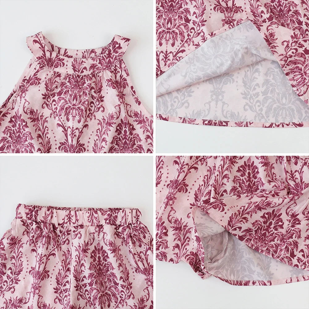 2024 New Girls Outfit Summer Small Floral Halterneck Sleeveless Suspender Set Girl Refreshing Shorts Two-Piece Set