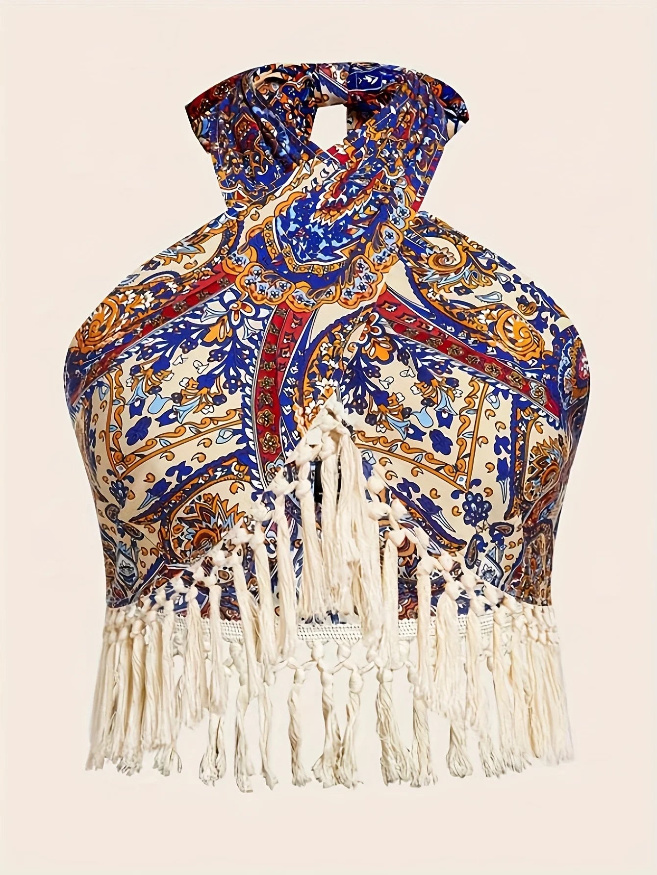 Paisley Print Fringed Edge Butterfly Knot Tie Back Hanging Neck Top Women's Bohemian Style off Shoulder Casual Fashion