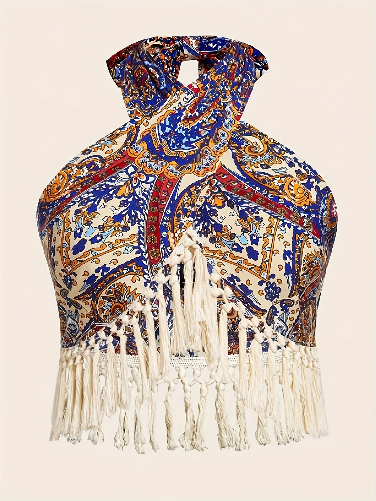 Paisley Print Fringed Edge Butterfly Knot Tie Back Hanging Neck Top Women's Bohemian Style off Shoulder Casual Fashion