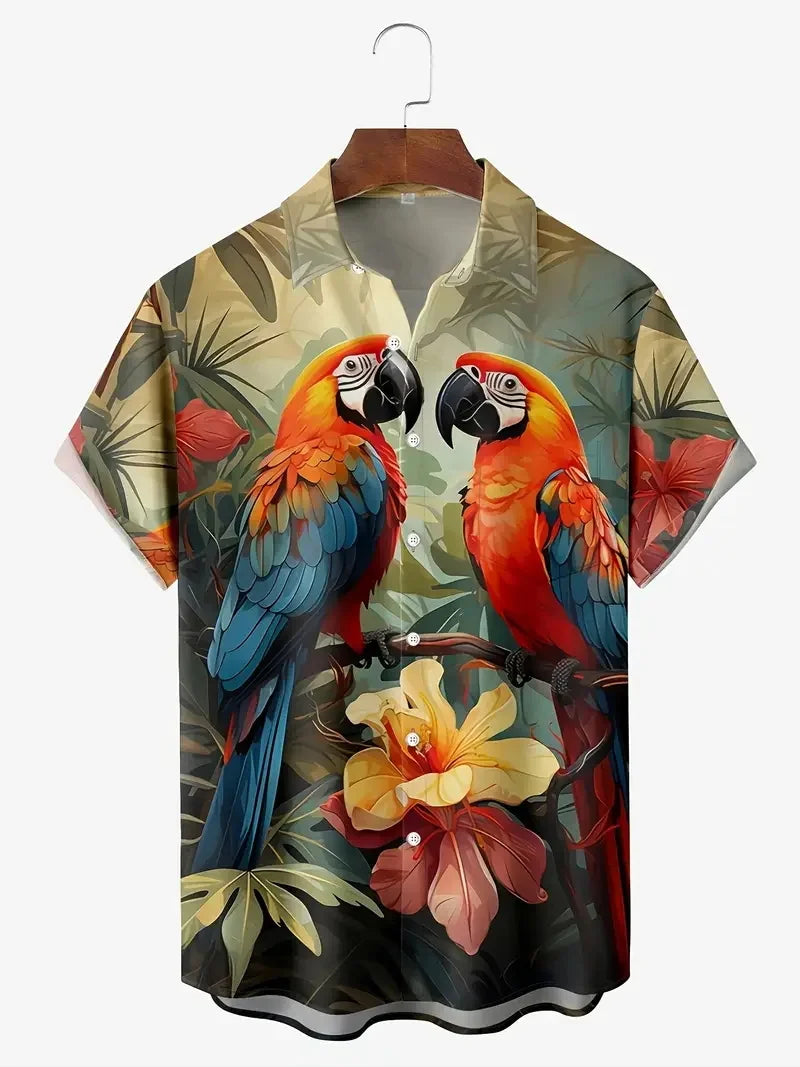 Men's Vibrant Parrot Tropical Floral Print Hawaii Shirts Casual Short Sleeve Button Up Beach Shirt for Men Summer Vacations