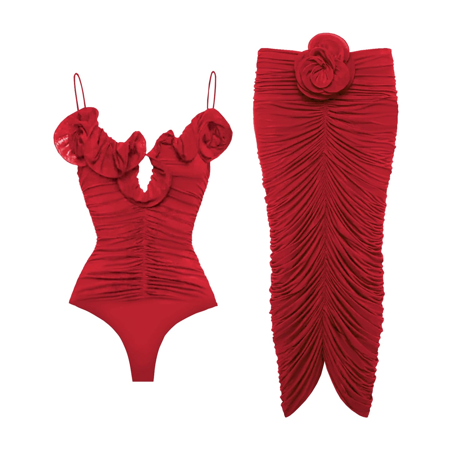 2025 Solid Red Flower One Piece Swimsuit Luxury Women Swimwear Sexy Swim Suit Deep V Monokini Off Shoulder Bodysuit Bathingsuit