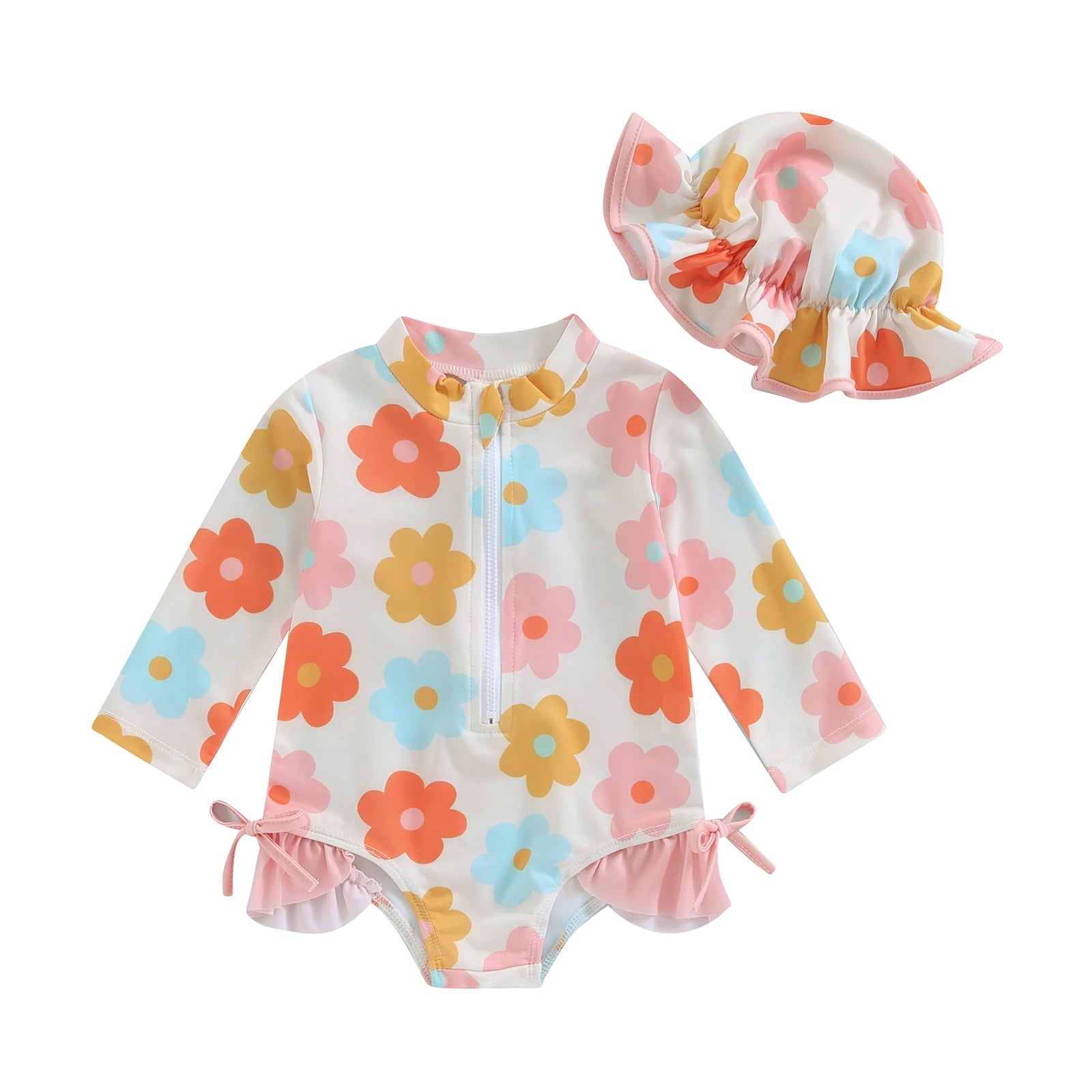 FOCUSNORM 0-24M Summer Baby Girls Rash Guard Swimsuits Long Sleeve Floral Print Zipper Swimwear and Sun Hat