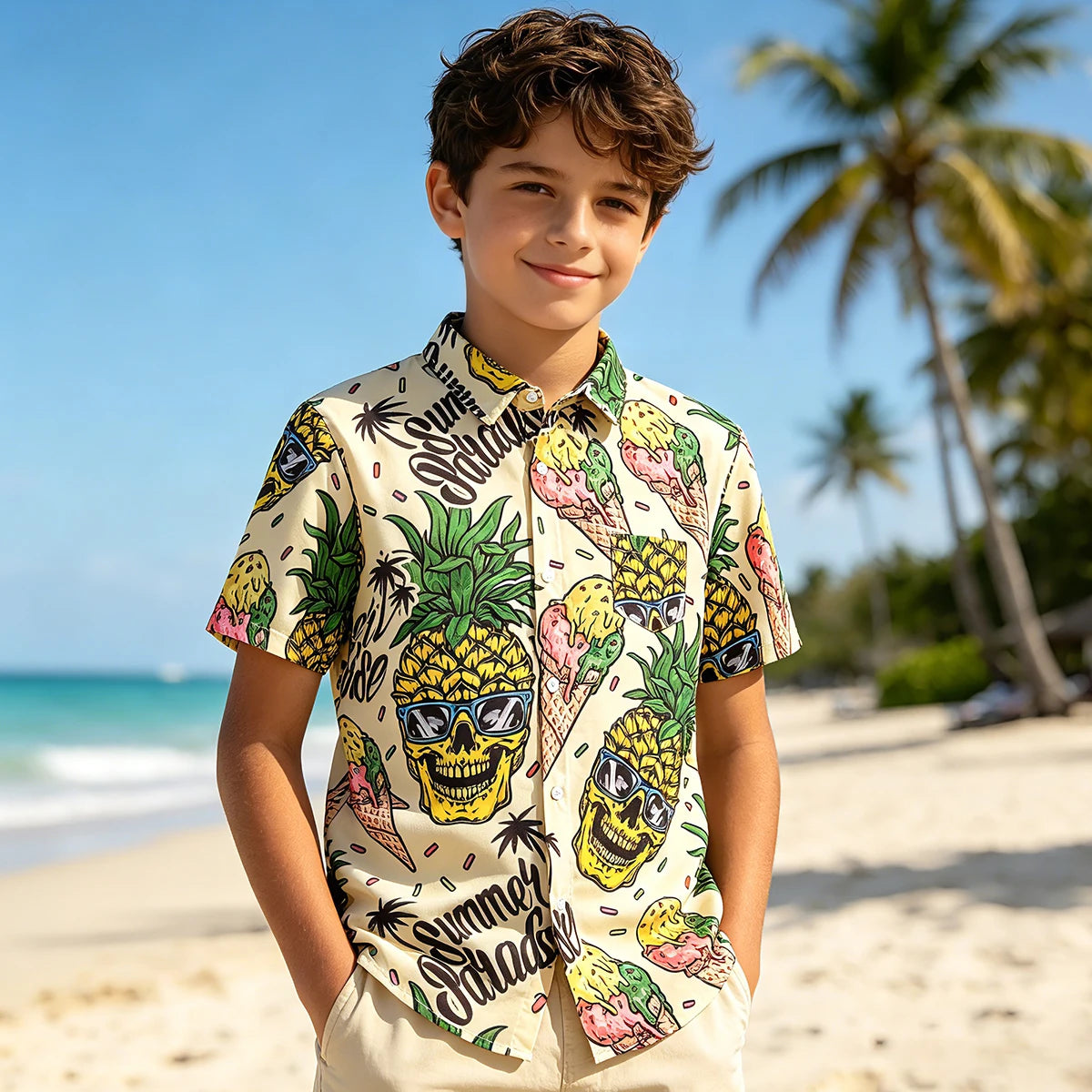 Boys Hawaiian Shirt Kids Summer Beach School Gift Casual Top Teenager Novelty Fashion Daily Holiday Birthday Tee