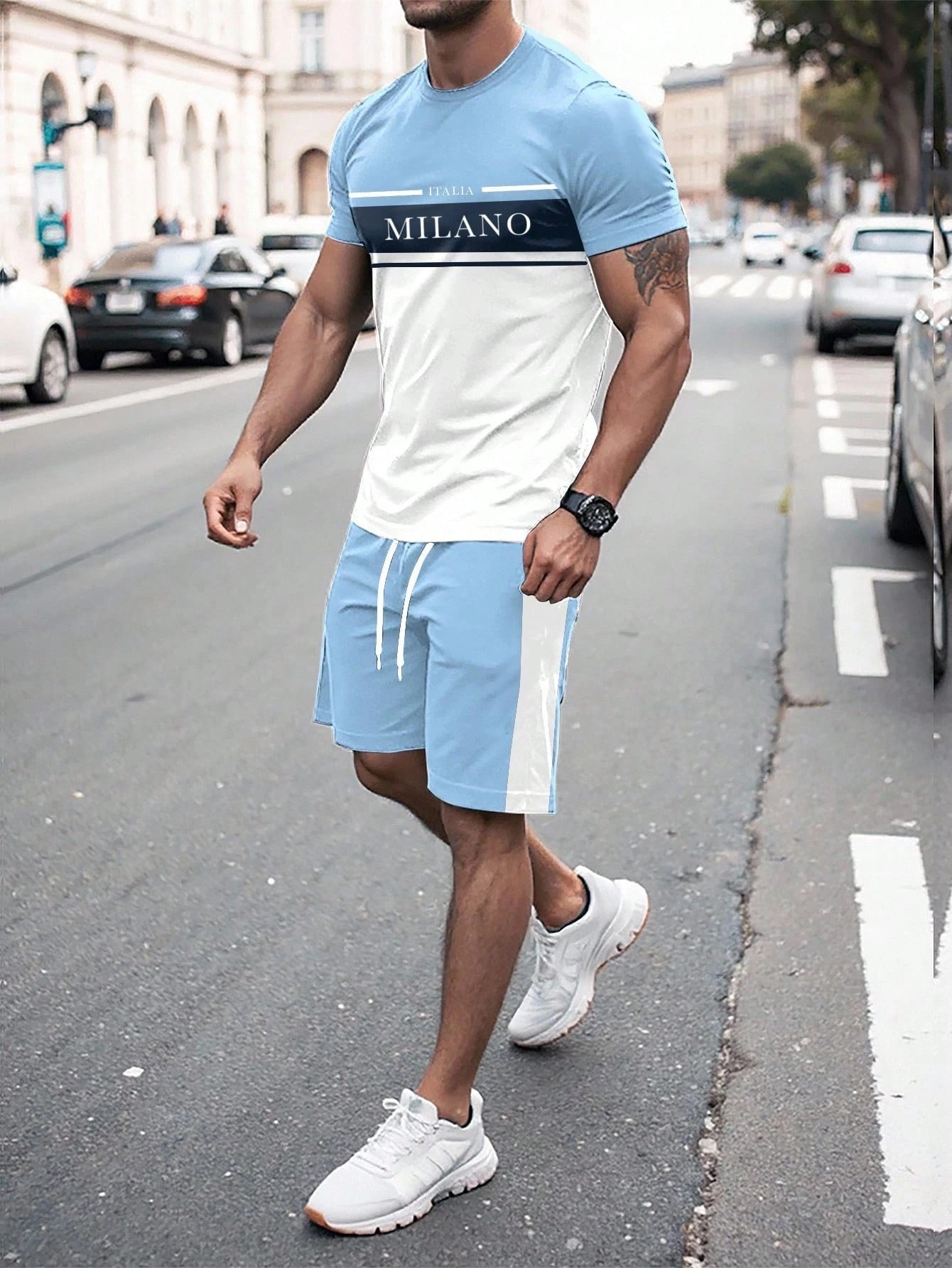 Summer Men's Stripe Letter Print Short Sleeve Top Shorts 2 Pieces Set Oversized Loose Round Neck T-shirt Man Drawstring Shorts