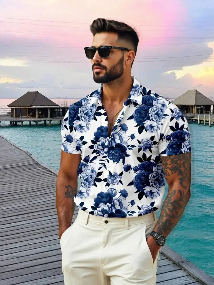 Men Casual Floral Print Short Sleeve Shirt Hawaiian Style Slim Fit For Summer Outdoor