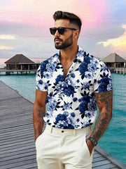 Men Casual Floral Print Short Sleeve Shirt Hawaiian Style Slim Fit For Summer Outdoor