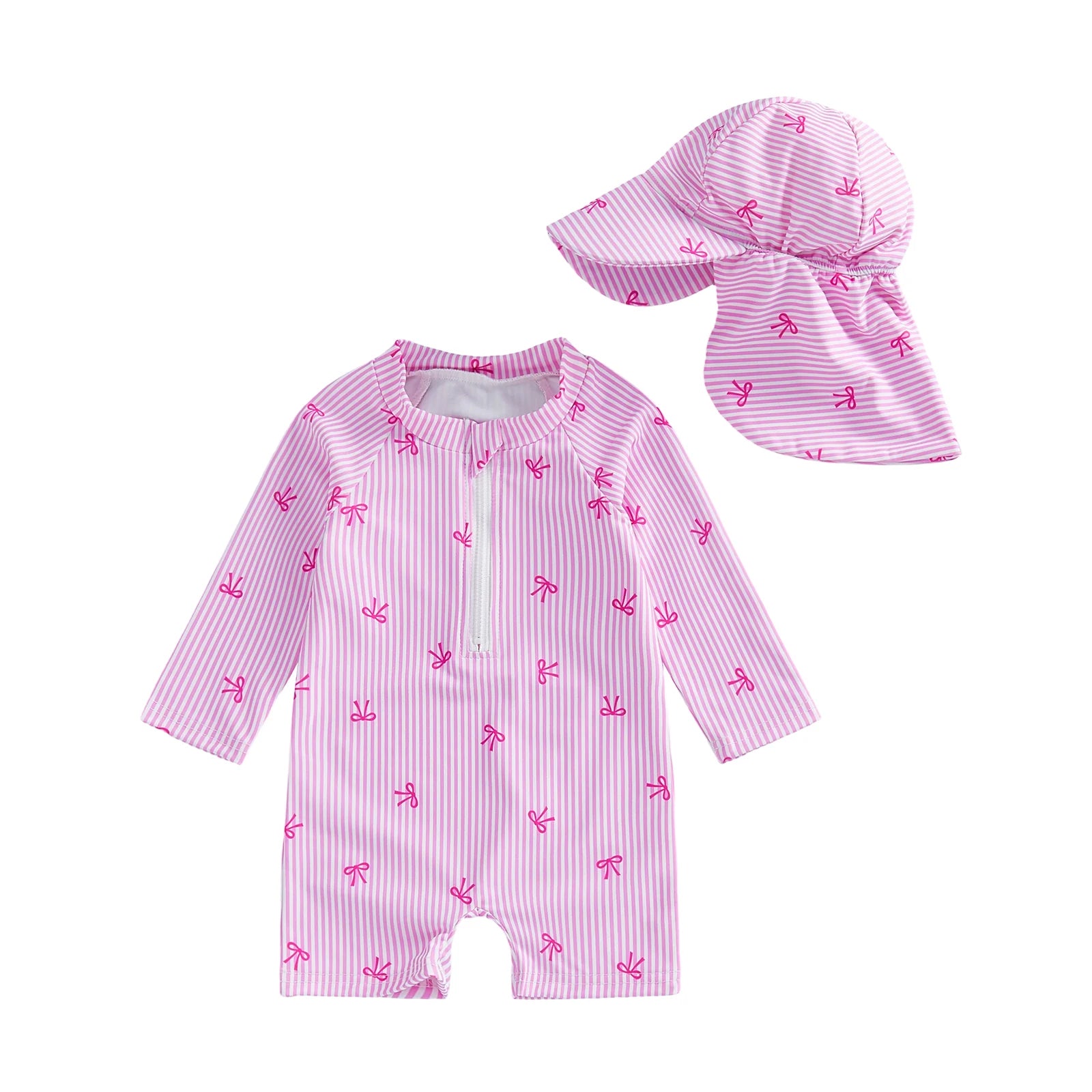 0-24M Newborn Baby Girl Rash Guard Swimsuit Cute Fashionable Striped Bow Printed Long Sleeve Swimwear with Hat