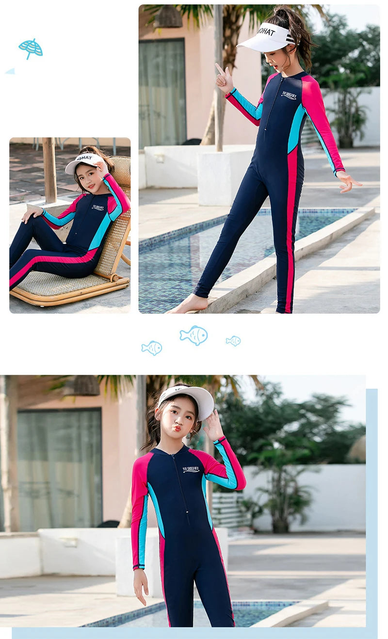 One Piece Girls Swimwear Full Cover Long Sleeve Swimsuit Kids Sun Protection Swimming Suit Teenage Korean Style Bathing Suit