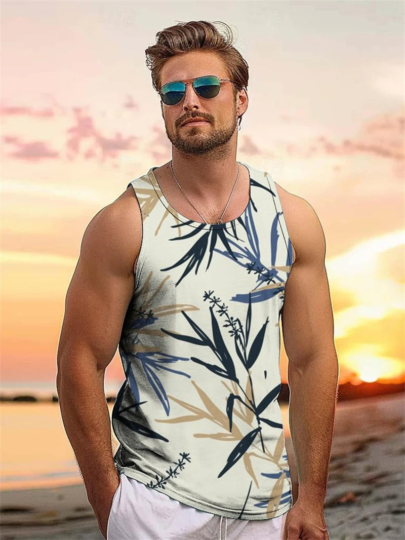 Tropical Plant Palm 3D Graphic Men's Sleeveless Hawaii Vacation Outdoor Casual Tank Tops Summer Travel Street Loose Men Clothing