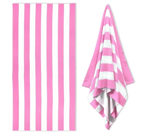 Pastel Cabana Stripe Beach Towel, Quick Dry Soft Cotton, Lavender, Pink & Yellow Striped Design for Summer Pool Use