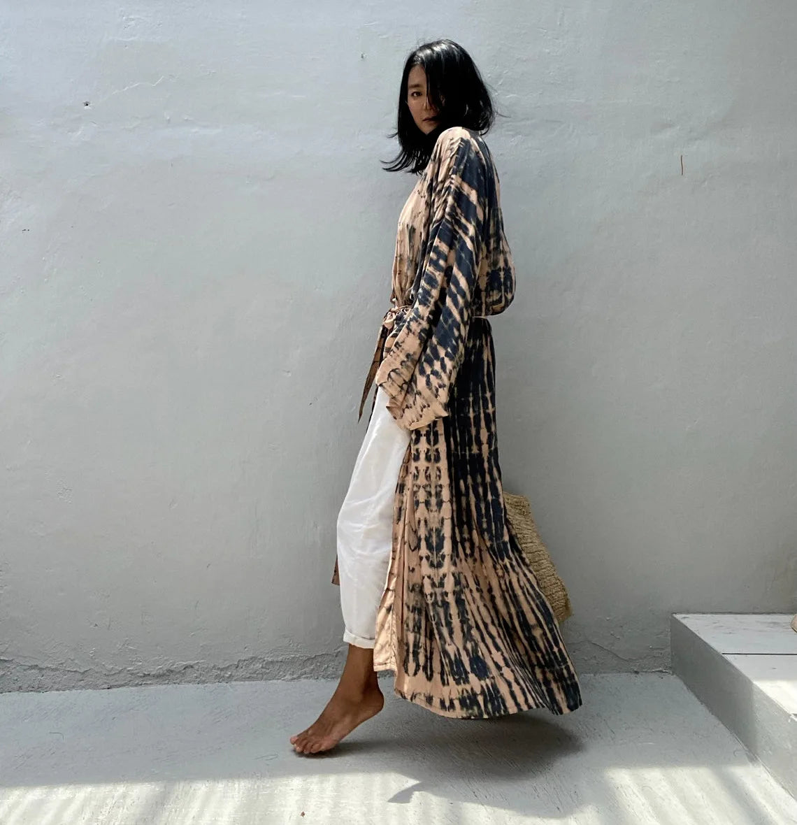 Women's Boho Stripe Tie Dye Swimsuit Cover Up with Belt Tunic Sarong Cardigan Dress Bikini Cover-ups Beach Wear Kimono