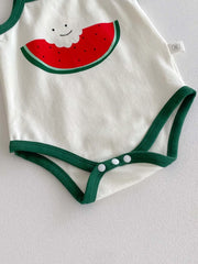 Summer baby cute watermelon style jumpsuit, male and female baby sling thin comfortable jumpsuit hat, suitable for going out