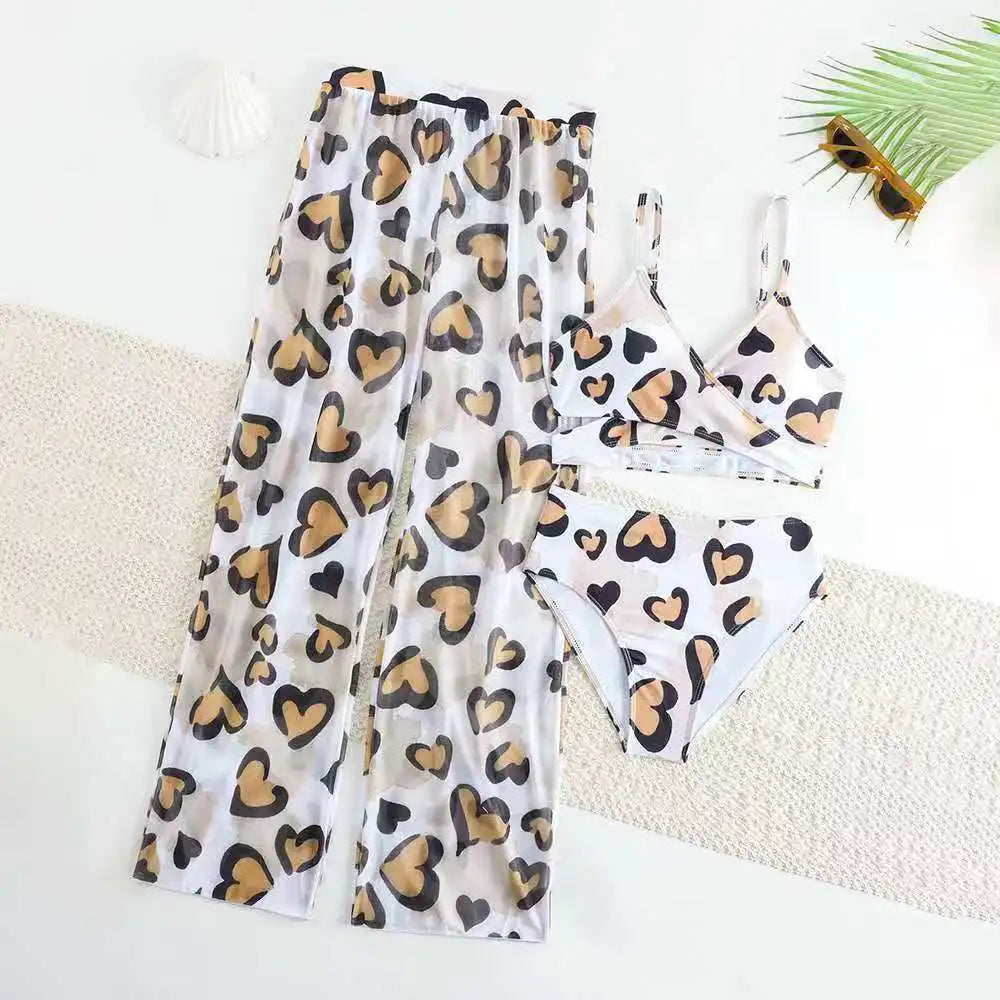 3 Pieces High Waist Bikini 2026 Girls Swimsuit & Beach Pant Swimwear Children Bathers Bathing Swimming Swim Suit Beachwear 8-12Y