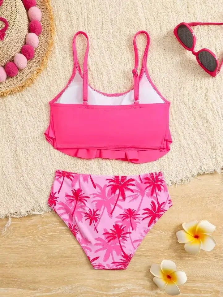 7-12 Years Girls Kids High Waist Ruffle Swimwear Summer Beach Children Swimsuit Print Biquini Teens Bathing Suit Pink Bikini Set