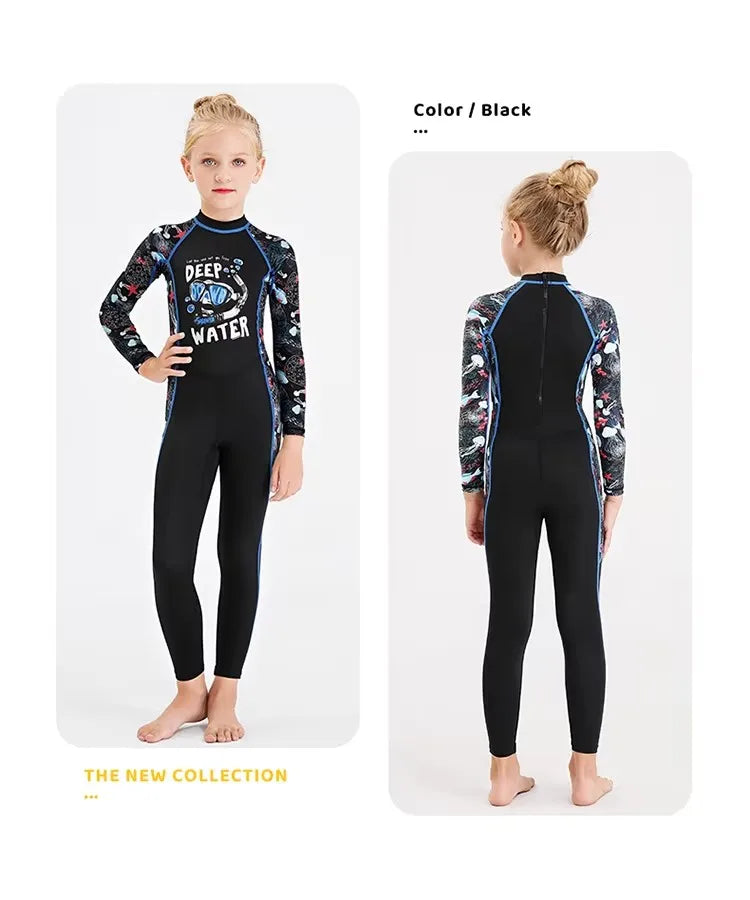 Girl Boy Swimwear Zipper One Piece Suit Kids Sunscreen Quick Drying Long Swimsuit Beachwear Bathing Suit(Including Swimming Cap)